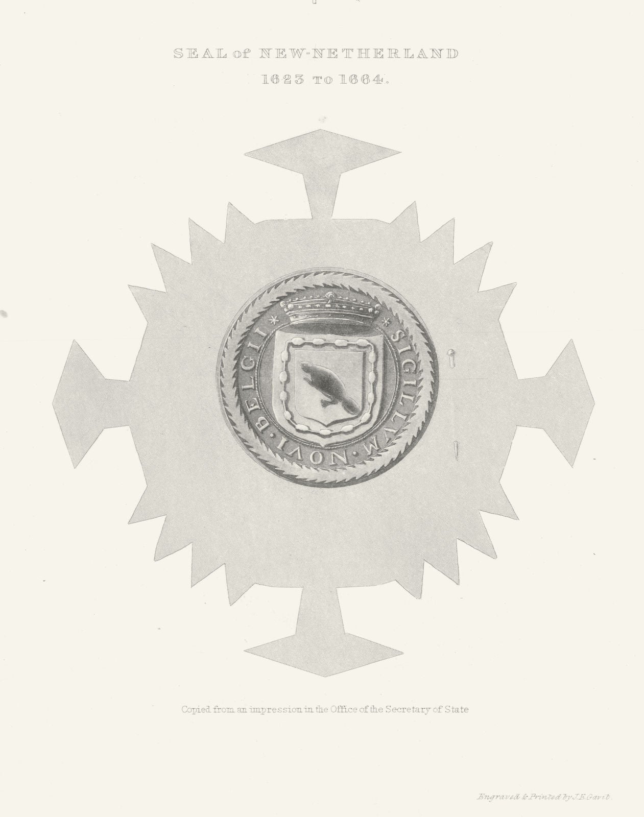 Seal of New Netherland 1623 to 1664. New York State. Novi Belgii 1851 print